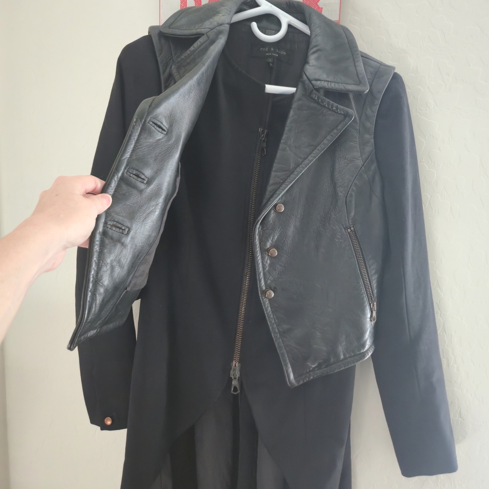 Rag & Bone Black Leather Jacket with Coat Overlay - Picture 14 of 16